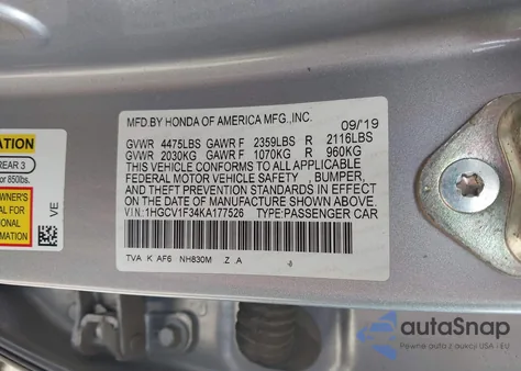 2019 Honda Accord Sport из США, поврежденный, VIN 1HGCV1F34KA177526